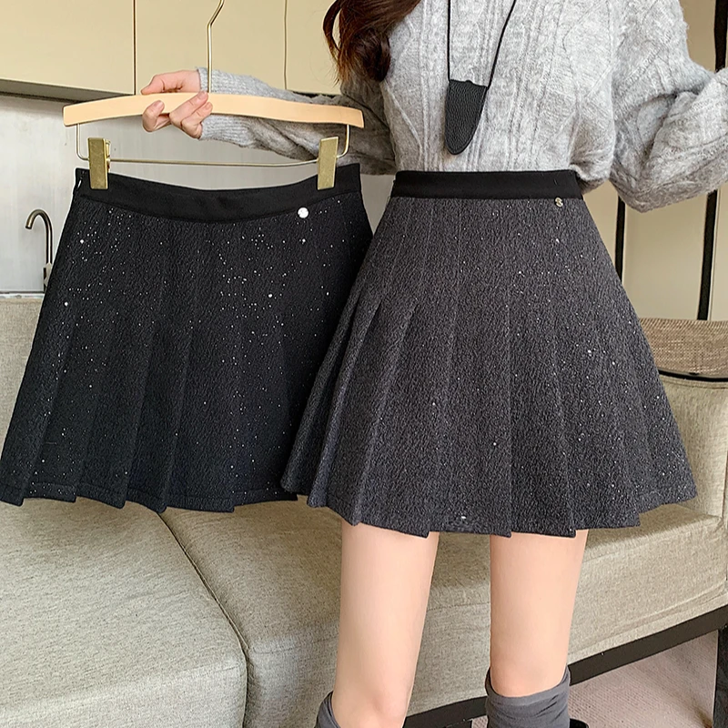 冬装胖mm女学院风亮闪闪高腰显瘦毛呢百褶裙高腰显瘦半身裙21115