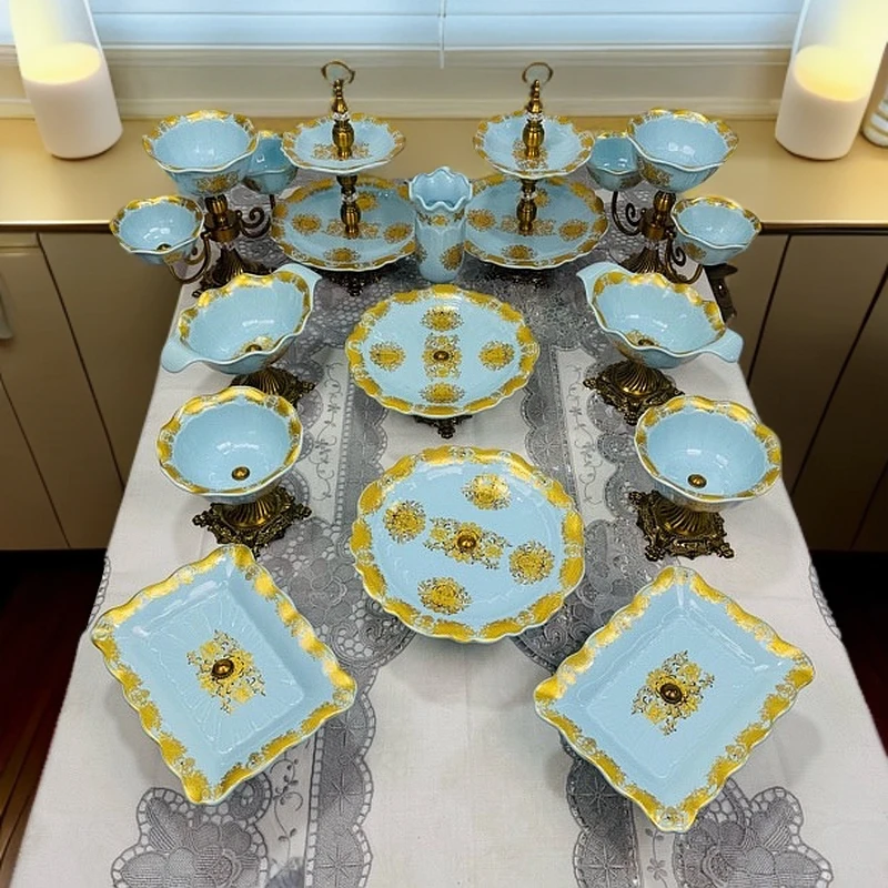 【新疆包邮】陶瓷13脚19头餐桌果盘套装 水蓝色
