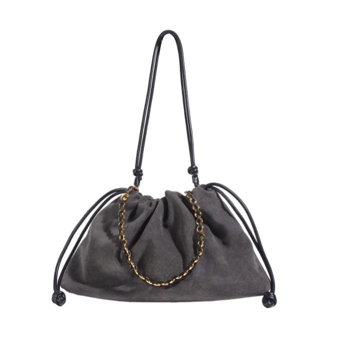 褶皱绳结纳帕羊皮单肩手提斜挎云朵包大号BK-6003-磨灰色41*10*16