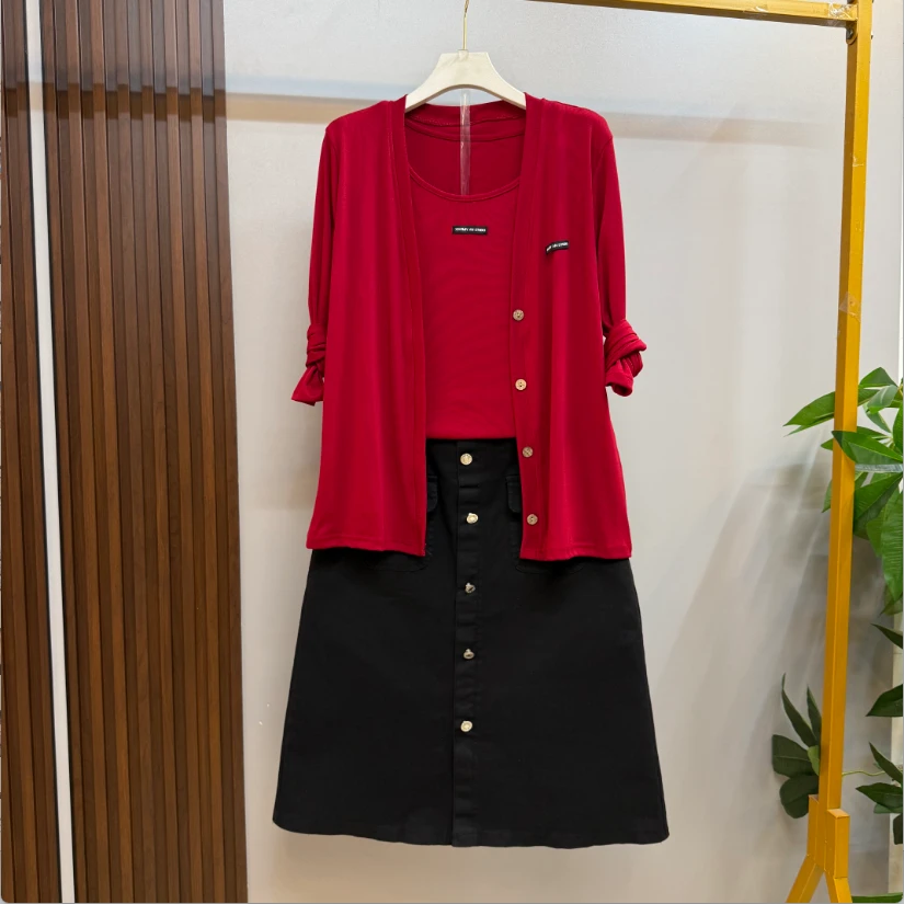 早秋新款时尚洋气宽松遮肉开衫两件套十百搭休闲半身裙（可单拍）