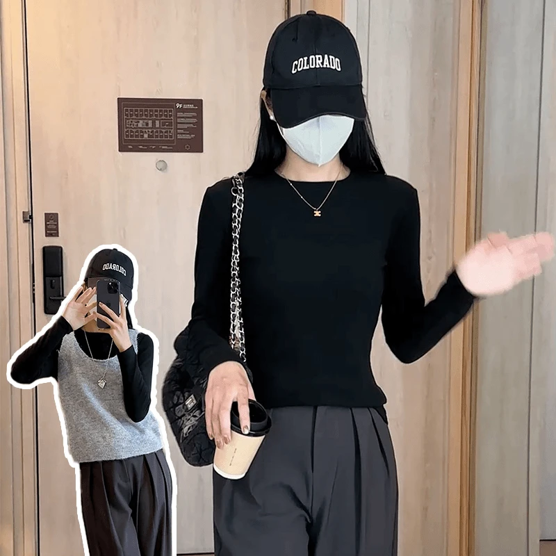 打底衫长袖T恤女秋冬纯欲风圆领百搭洋气修身收腰显瘦小版衫上衣