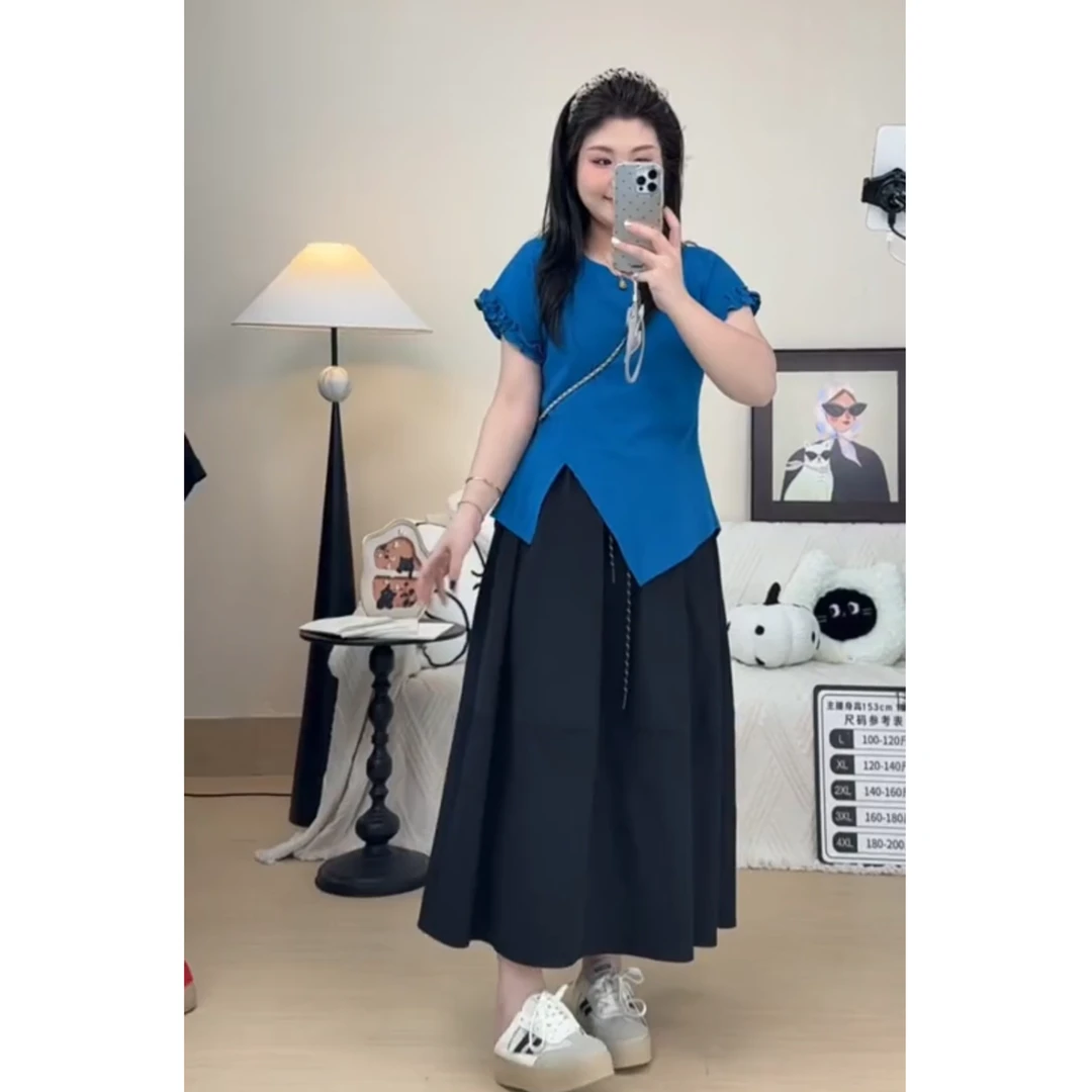 2025夏季新款大码胖mm女装薄款a字松紧抽绳梨型胖mm大码女装