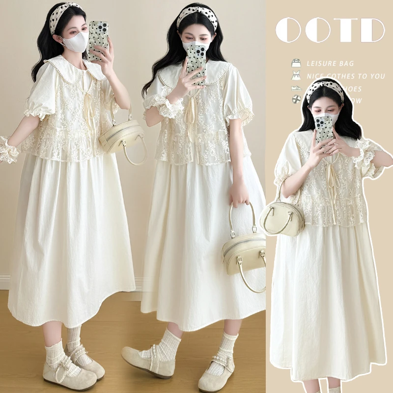2025夏季新品韩版清新泡泡袖孕妇连衣裙产后可穿花边绣花马甲套装