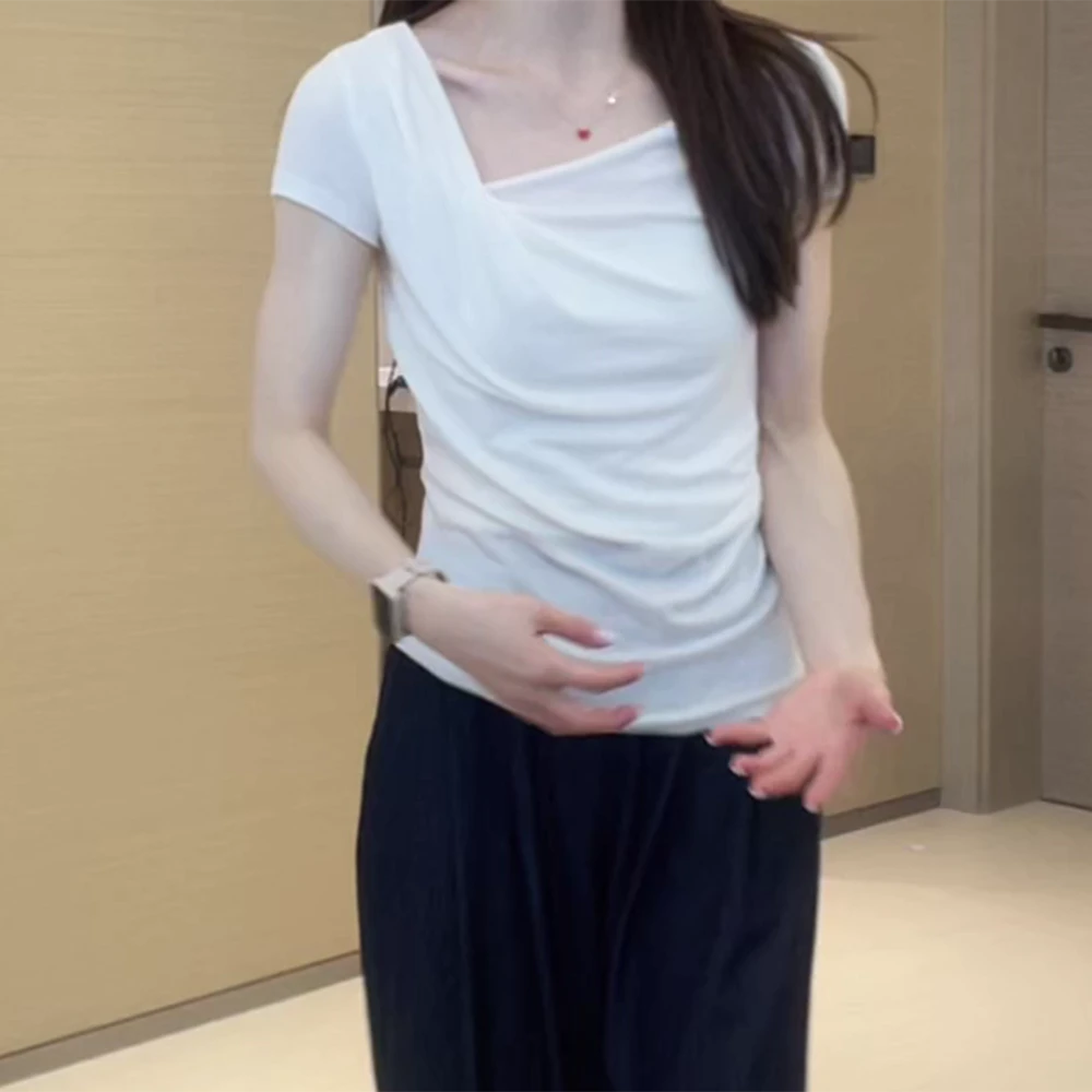 新款纯色荡领短袖设计感T恤夏季新款修身显瘦上衣