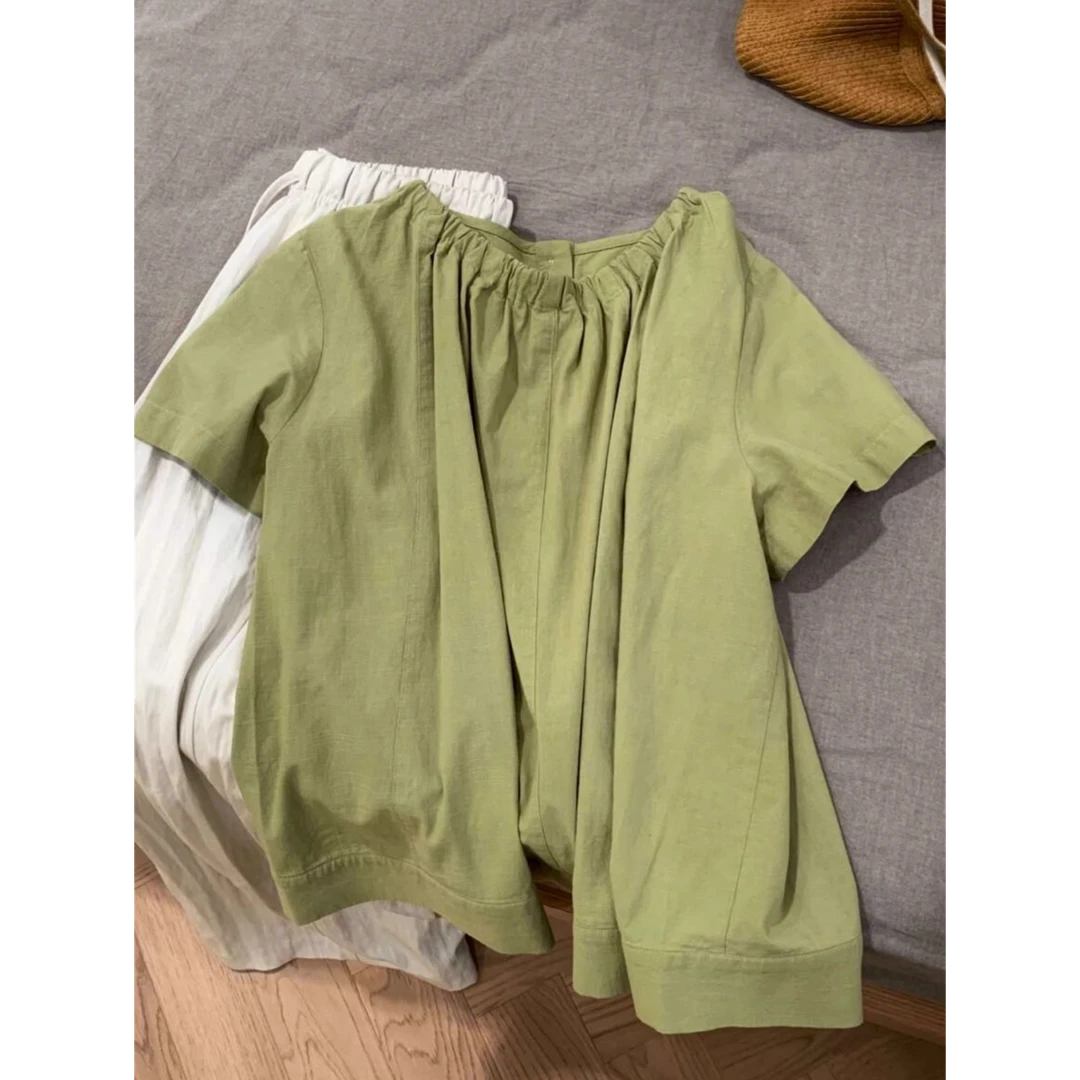 绿色天丝亚麻小衫短袖衬衫女小个子夏季2025新款高级感娃娃衫上衣
