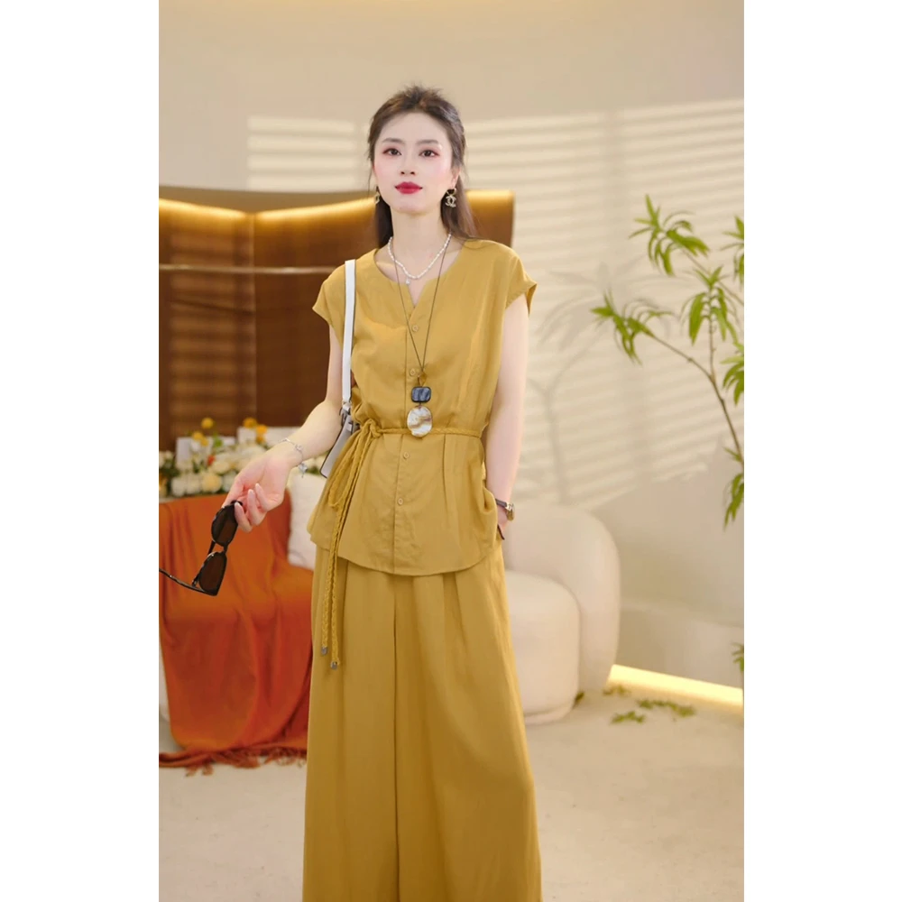 MIUKE 【夏日清凉】25年夏季雨露亚麻简约轻奢套装女上衣裤子两件套