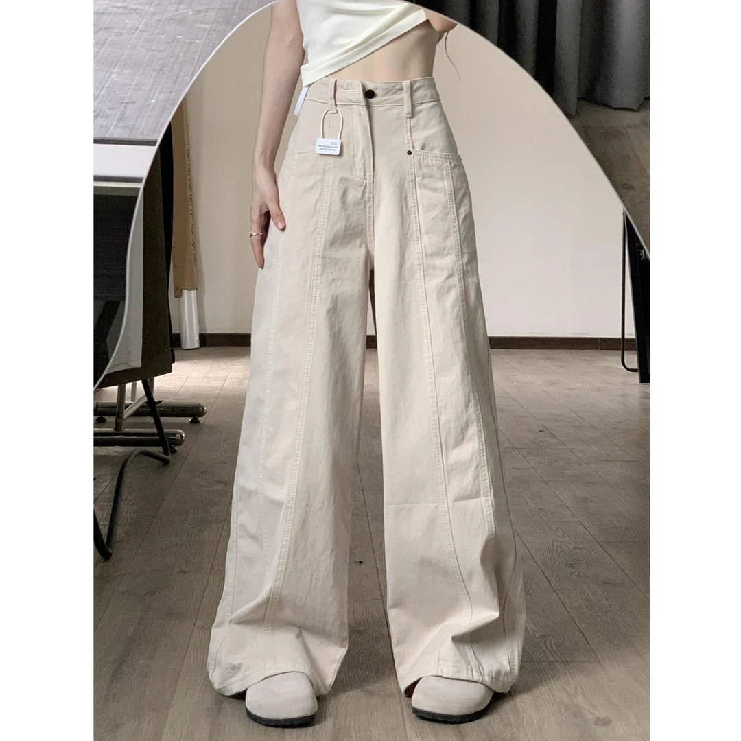 美式米杏色复古工装牛仔裤女秋季新款高腰宽松显瘦直筒阔腿长裤潮