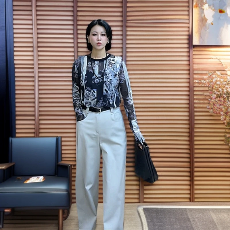 MISS MIN LJ7161配皮带高腰垂直坠感显瘦牛仔长裤春阔腿裤百搭