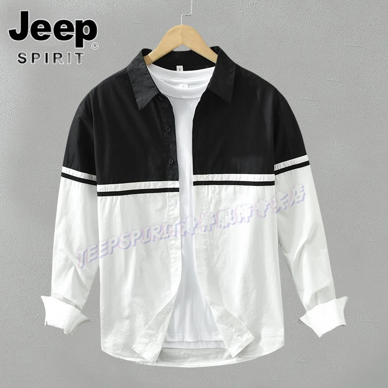 Jeep吉普衬衫长袖翻领拼接春秋宽松上衣男士韩版帅气潮流休闲衬衣