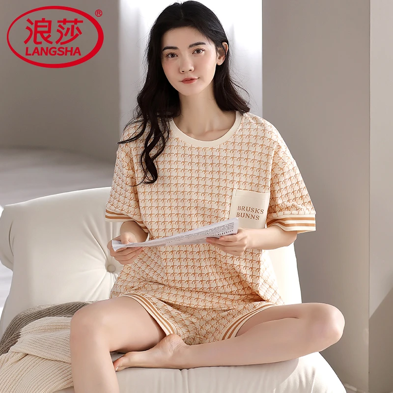 浪莎2025年新款纯棉睡衣女夏季短袖短裤可外穿家居服套装薄款夏天