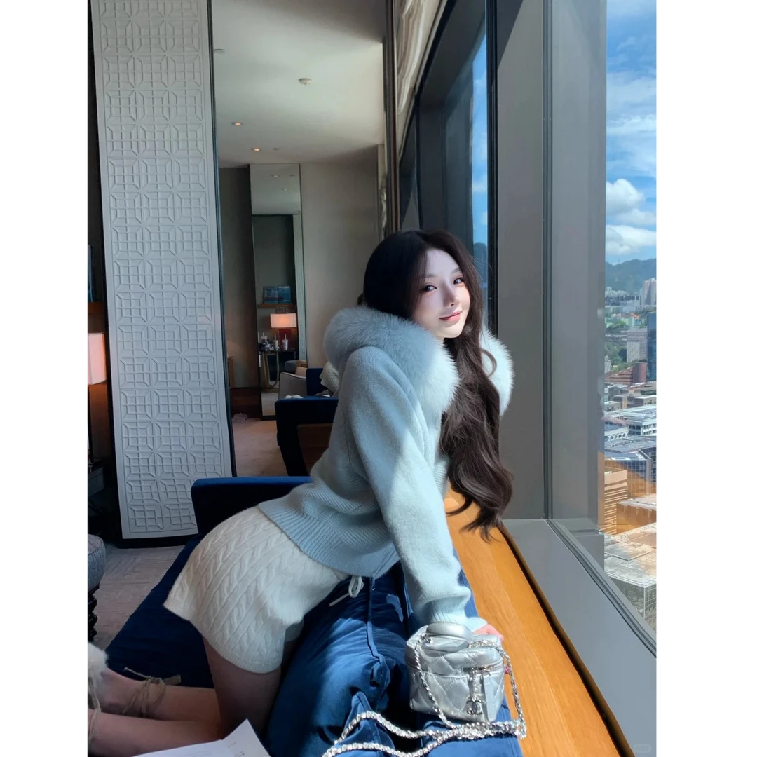 韩系温柔气质慵懒风毛领拉链连帽针织外套上衣女百搭显瘦短裤套装