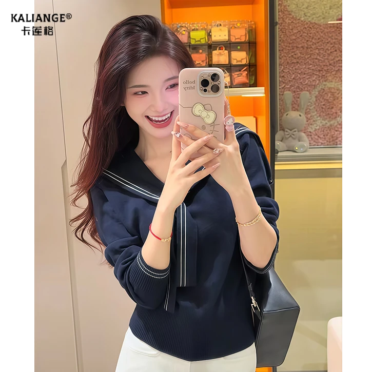 卡莲格/韩系学院风海军领长袖针织衫女秋冬时尚百搭套头软糯毛衣