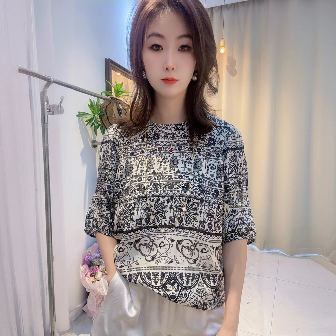 100%桑蚕丝双绉圆领黑色小碎花半袖上衣