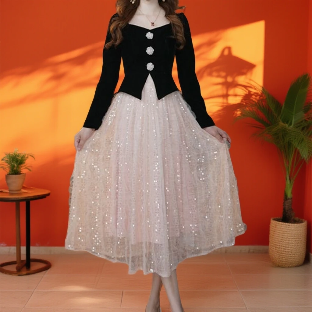 设计师新款法式轻奢A字裙秋冬收腰长袖裙子连衣裙65536