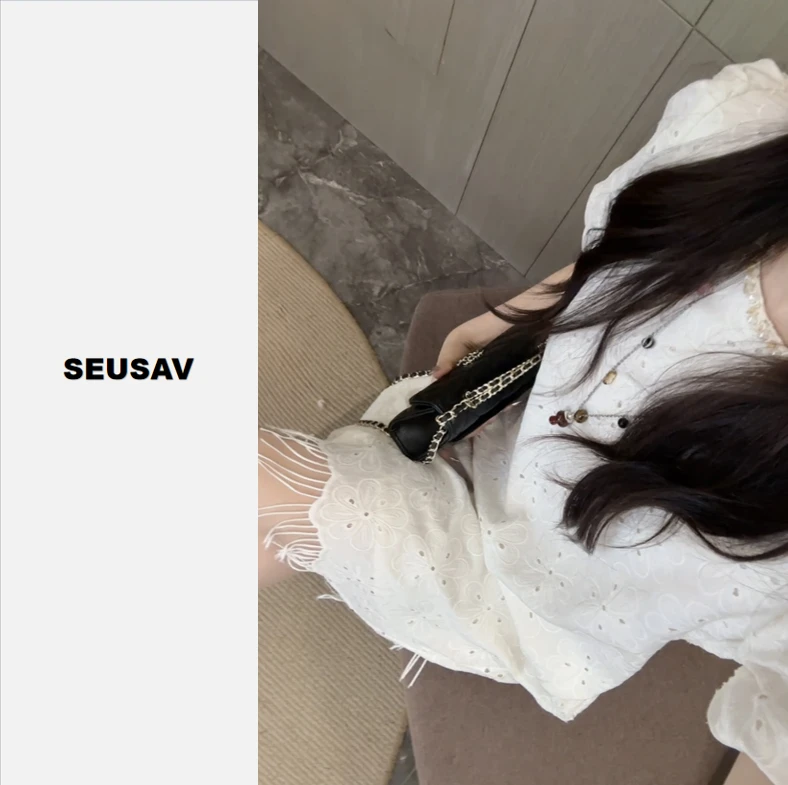 【笙箫家】流苏法式镂空刺绣重工领口连衣裙显瘦遮肉气质时尚设计款