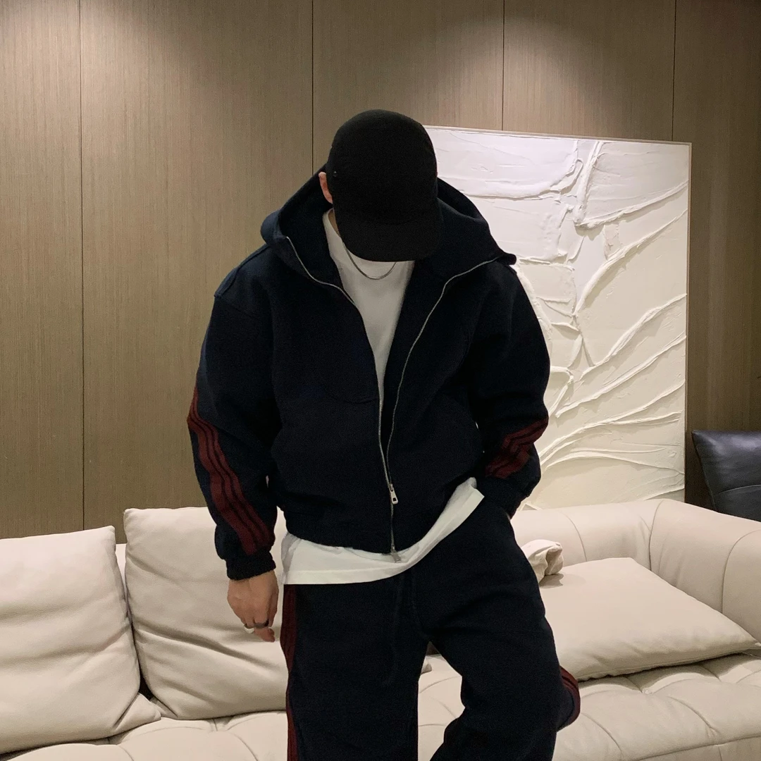 【JYEPRINCE李素景】秋冬男550g重磅宽松条纹短款加厚时尚连帽卫衣