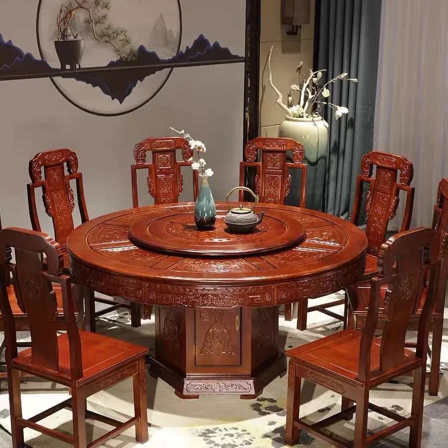 2025新款实木餐桌椅餐桌组合转盘仿古雕花餐桌椅中式圆桌家用餐桌
