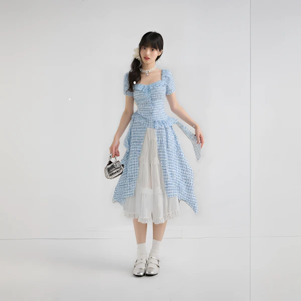 蝴蝶絮语蓝色开叉格纹长衫蛋糕裙两件套夏季新款可爱小清新套装