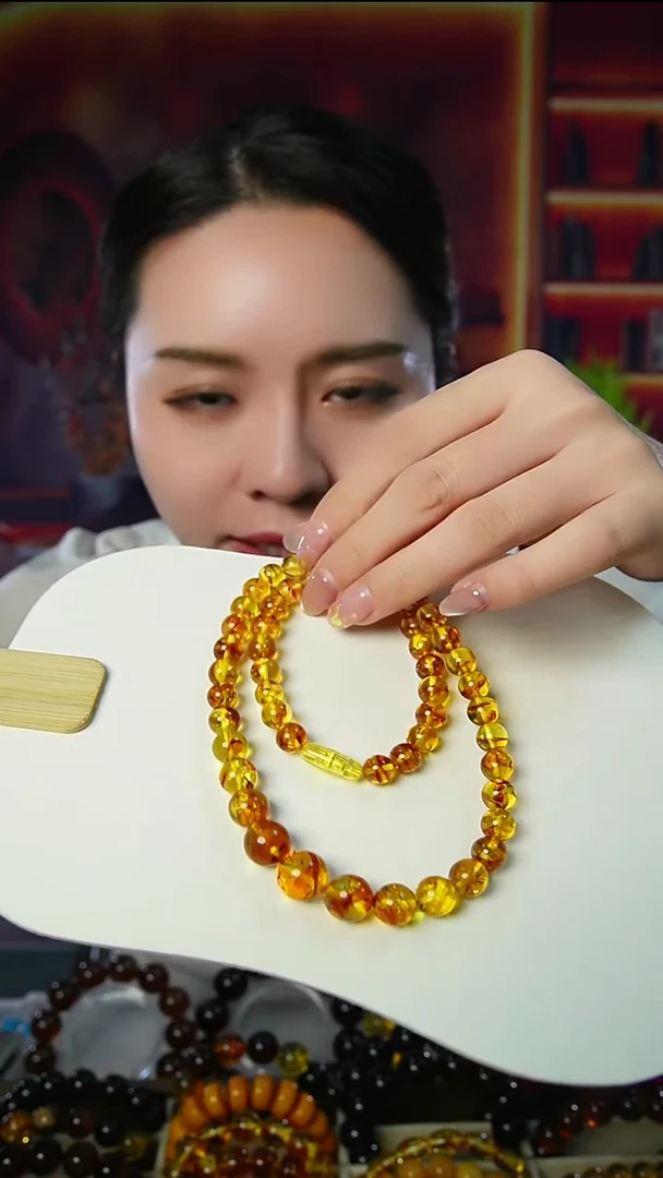 琥珀颈饰银S925镶嵌花珀塔链8mm-12mm