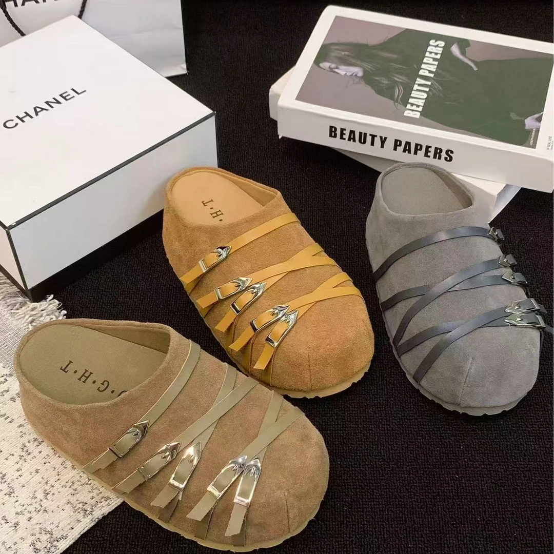 卡皮巴拉 | 7公分跟高 |复古厚底松糕底平底皮带扣包头圆头拖鞋女