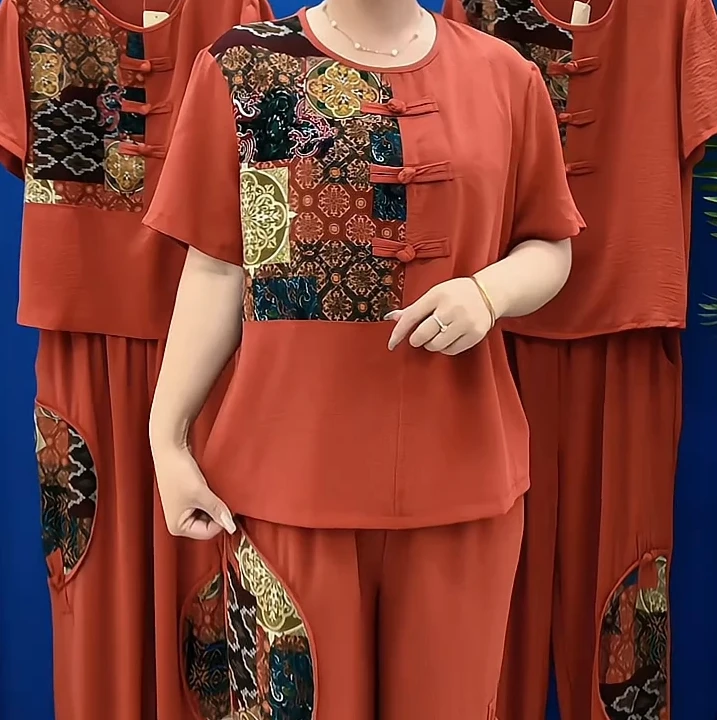 2025新款宽松休闲女装套装百搭印花时尚中老年妈妈夏款大码两件套