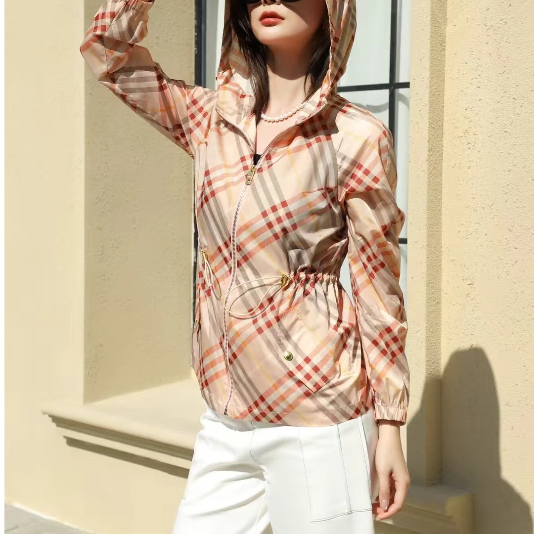（胭脂粉/浅卡其斜格纹防晒衣）2025夏季新款菱形格纹休闲防晒衣