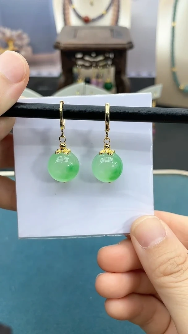 软玉14K金镶嵌耳饰14mm海草绿耳包