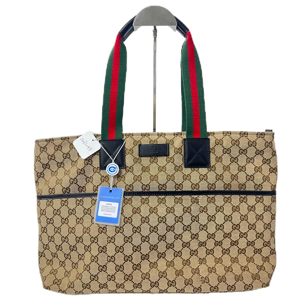 95新 GUCCI/古驰 经典老花帆布红绿手柄托特包 2407G0444