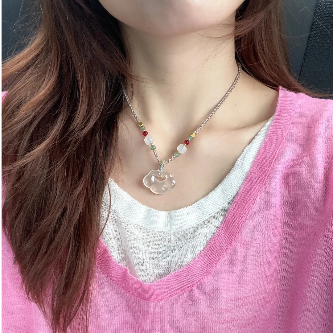 新中式白月光玉石祥云平安吊坠项链小众高级感手工编绳女生礼物