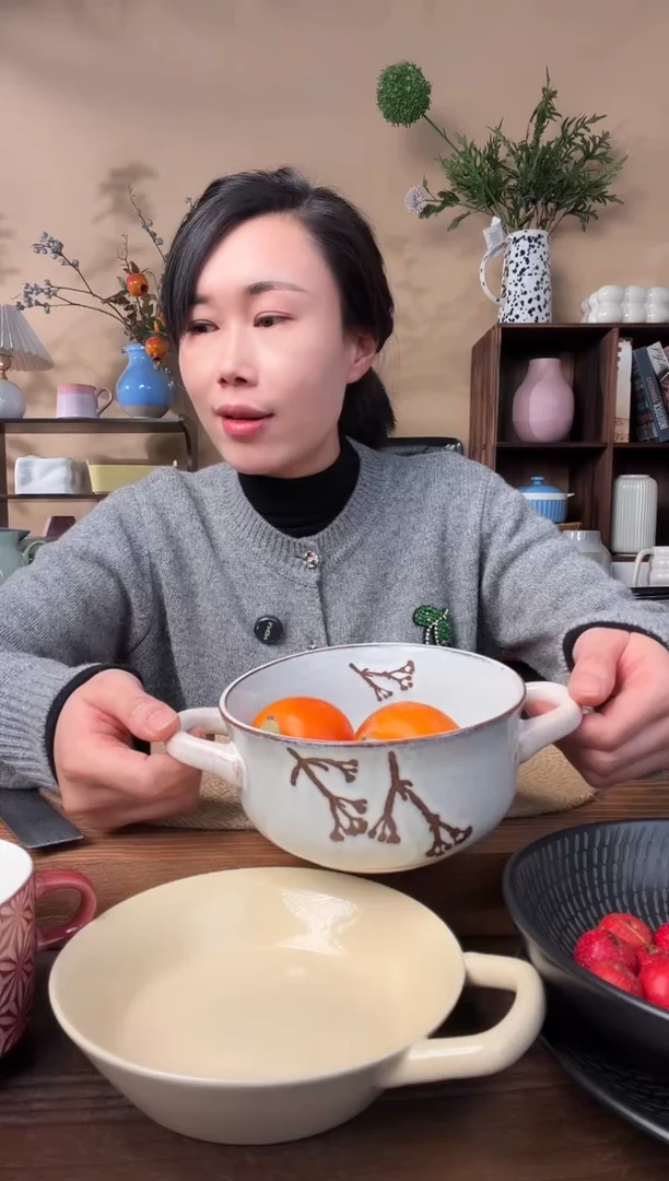 6英寸复古窑变叶子双耳碗微瑕