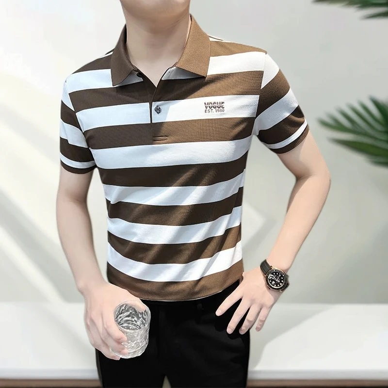 劲莱条纹POLO衫男士短袖夏季2025男装新款商务高级感刺绣T恤男款