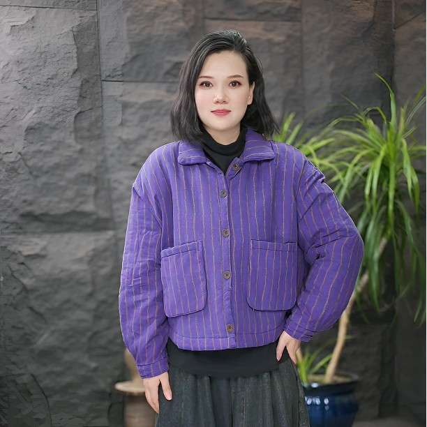 【棉袄】宽松女棉衣保暖复古常规秋冬短款条纹通勤风