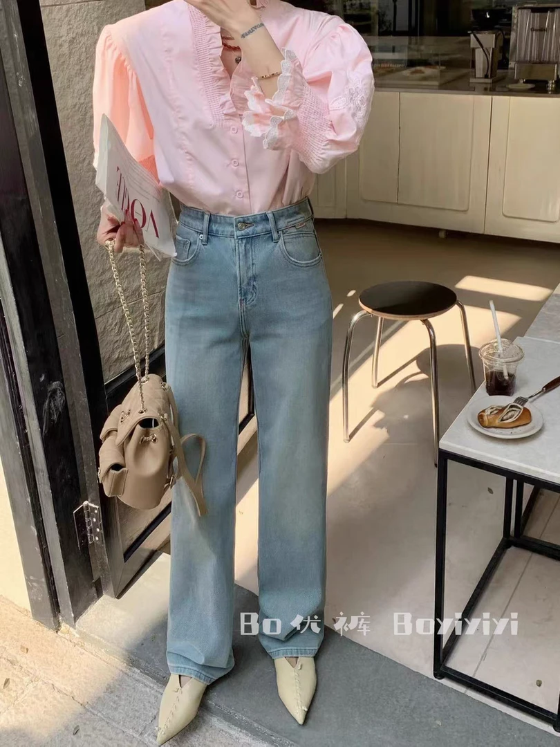 Boyiyiyi牛仔裤女剪标25春高腰粉标新款超韩窄版阔腿裤长裤61373