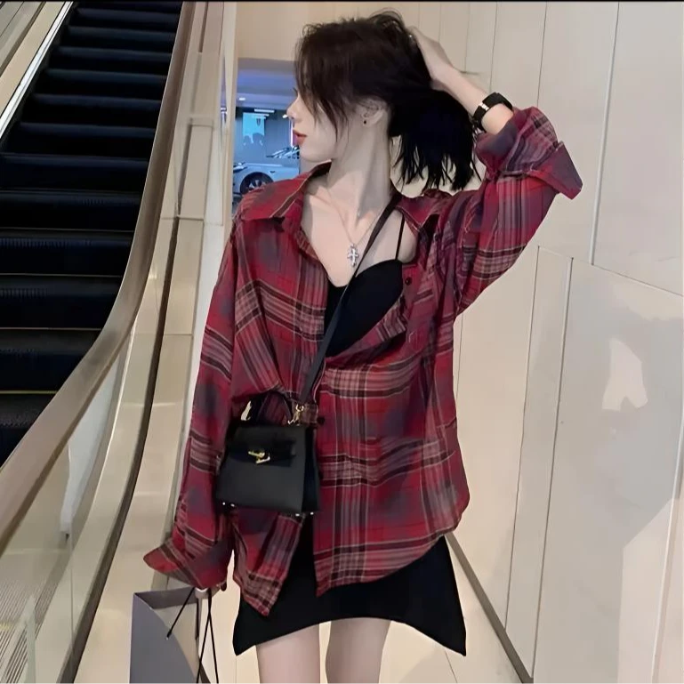 时尚宽松防晒衣女夏季开衫透气格子雪纺衬衫律动莫兰迪