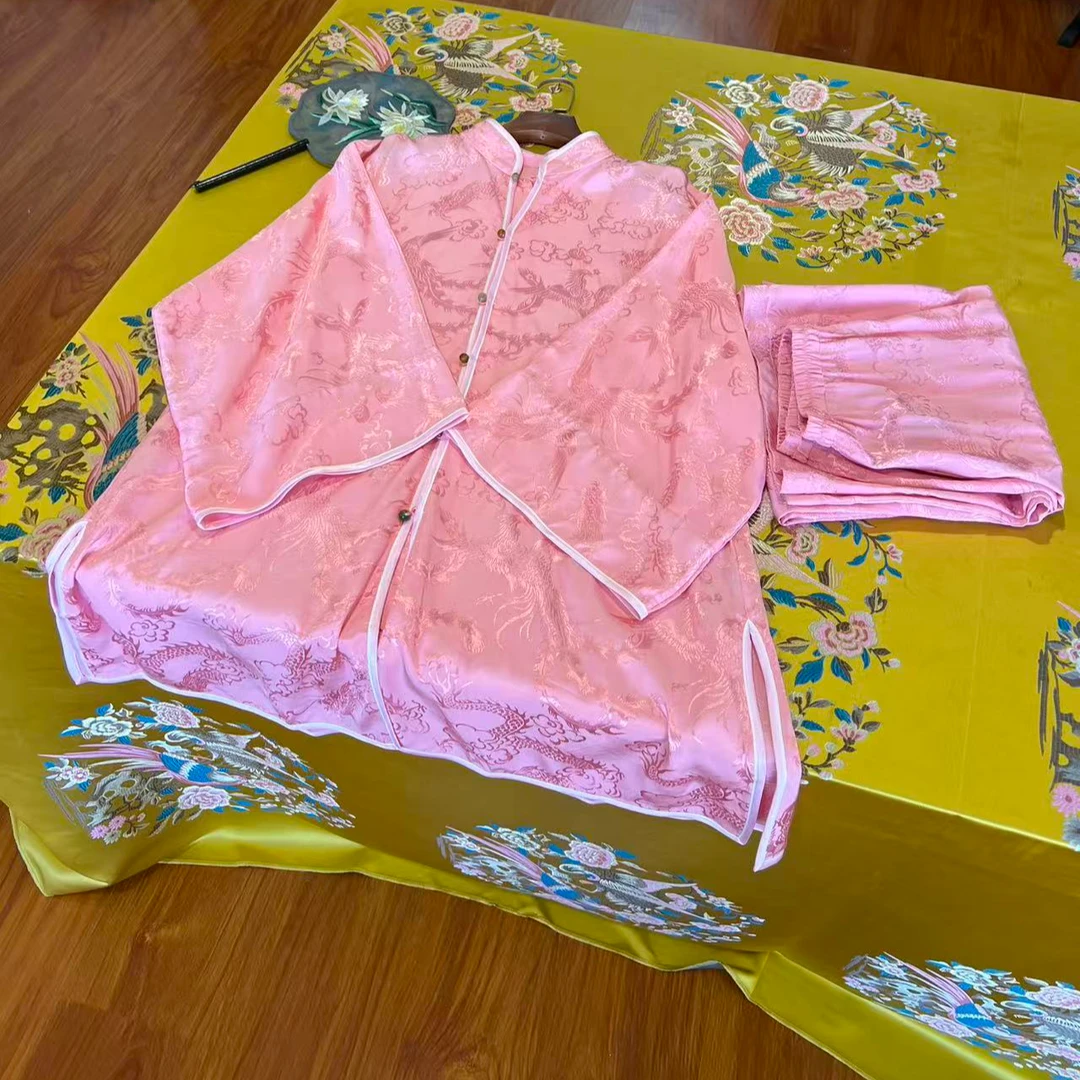 新中式国风时尚老软缎高级感减龄粉色外套两件套装