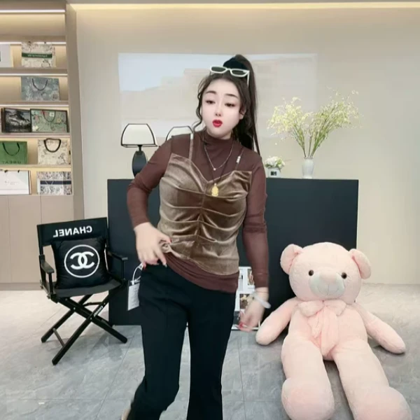 洋气新款秋冬修身假两件韩版高弹小衫上衣长袖半高领T恤丝绒女士