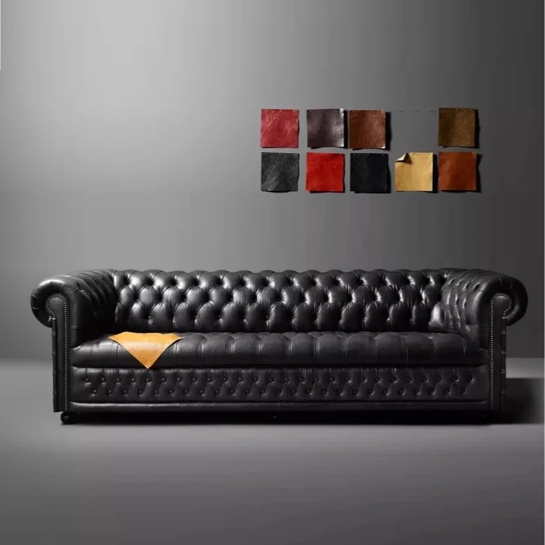 美式高档真皮沙发直排墨绿色别墅厂家直销复古油蜡客厅皮艺大沙发