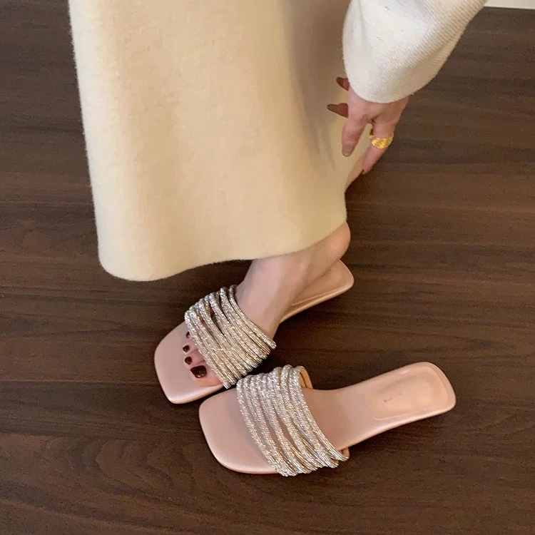法式水钻一字拖鞋仙女鞋夏季外穿海边配裙子银色凉拖鞋沙滩凉鞋女