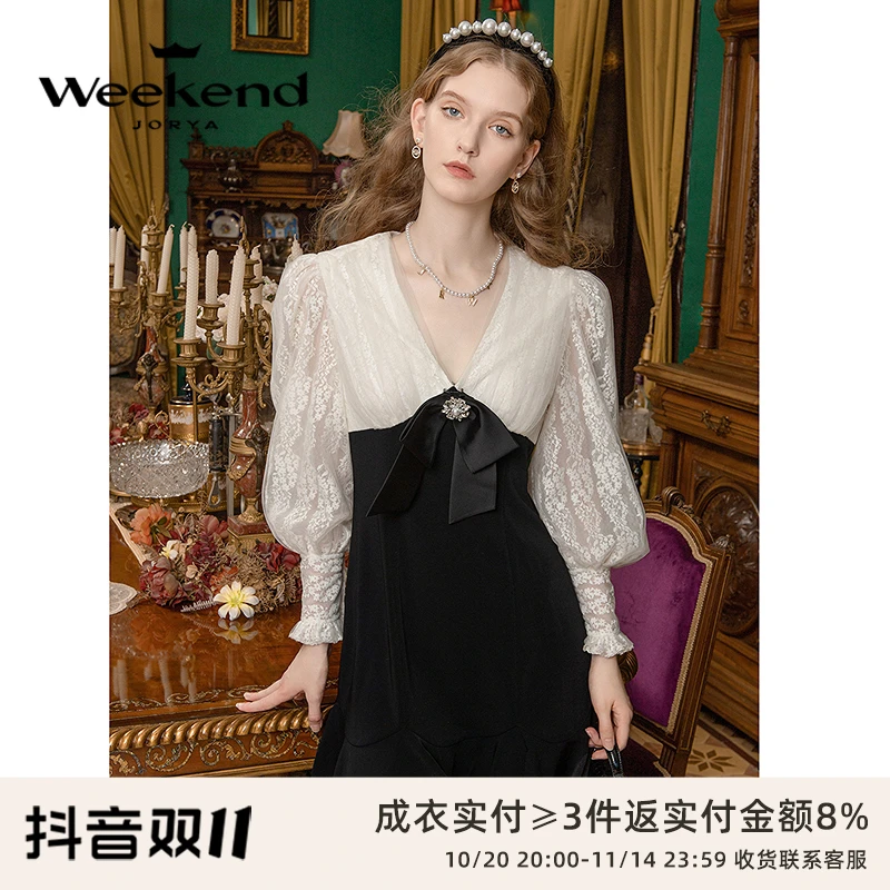 卓雅周末新款气质蝴蝶结网纱蕾丝荷叶边法式连衣裙EJWDCX56