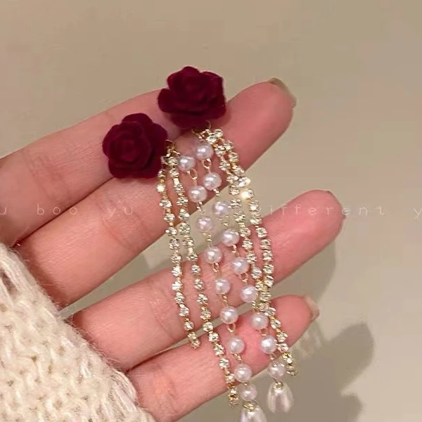 【59】复古红色山茶花流苏耳环女轻奢高级秋冬丝绒耳钉