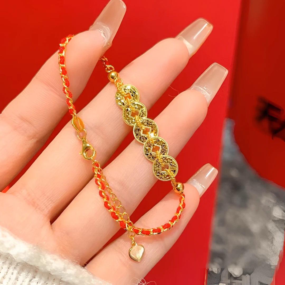 铜合金手链  新中式国潮爆闪五帝钱盘缠红绳手链女