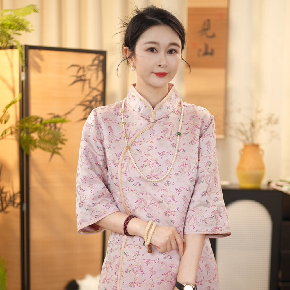 【贺贺·双龙戏珠】宋锦短袖气质少女旗袍裙