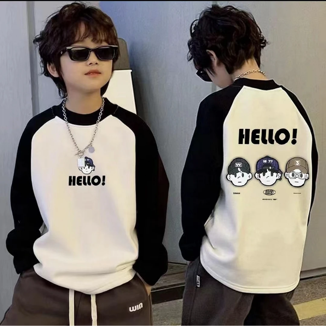 儿童拼色棉T恤长袖春秋季新款中大童字母上衣插肩男童洋气打底衫