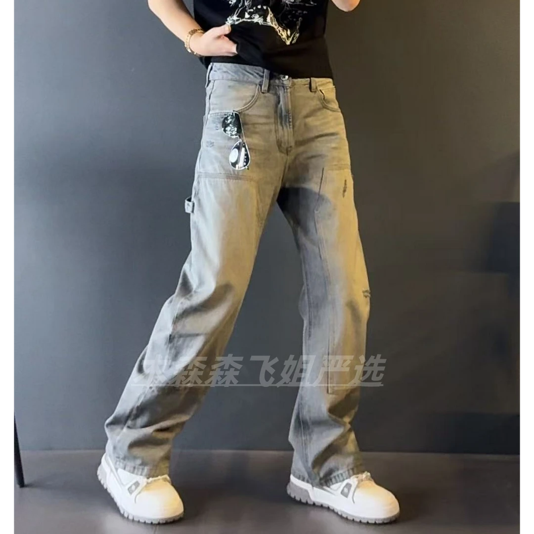 男士雾霾蓝弯刀大阔腿牛仔裤5799早春款男装时尚破洞阔腿牛仔裤
