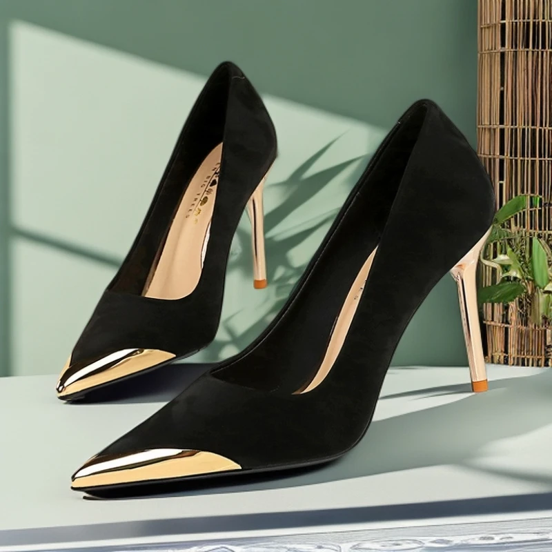 福利款国风女鞋高跟鞋细跟超高跟金属尖头黑色浅口宴会女鞋单鞋