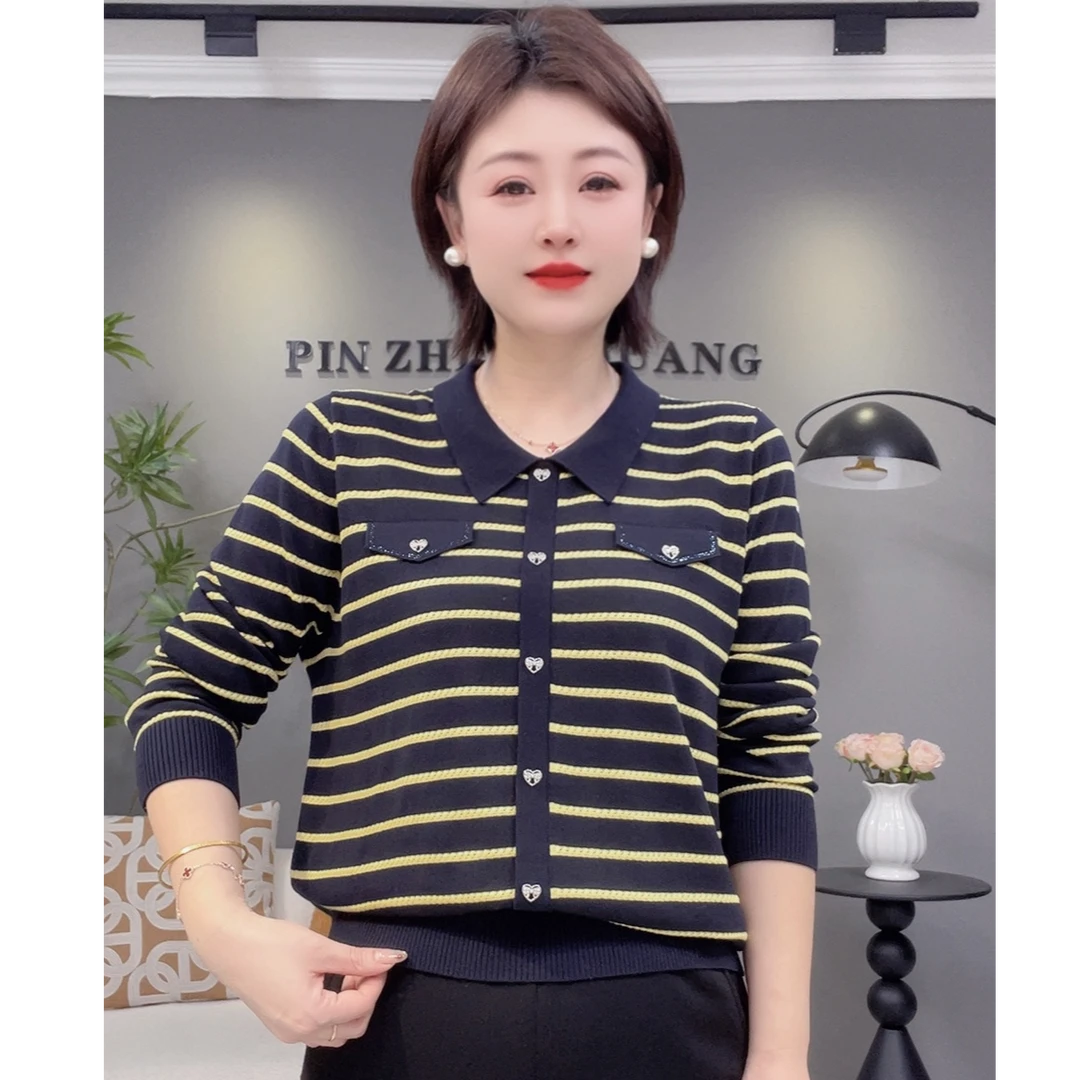 2025秋冬新款翻领条纹洋气天丝长袖小衫37093