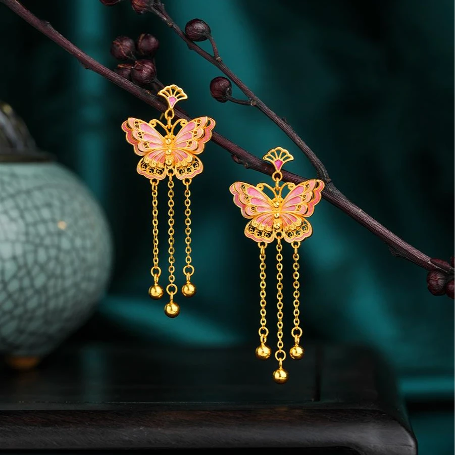 ZOCAI/佐卡伊【传世之美】古法黄金珐琅彩粉金蝴蝶流苏足金耳坠