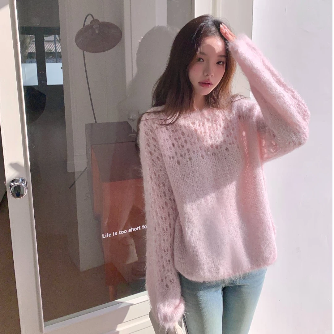 CHERI.Z雪落星辰 苏利羊驼毛 蓬松垂顺亮片微闪镂空毛衫慵懒风