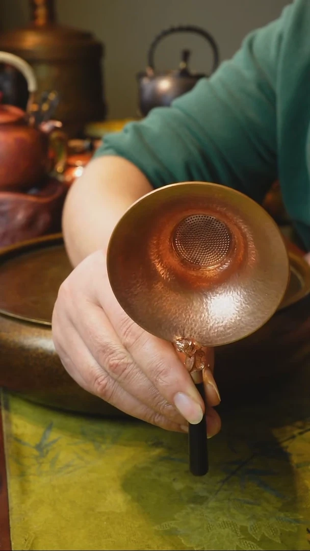 纯紫铜实木柄茶漏