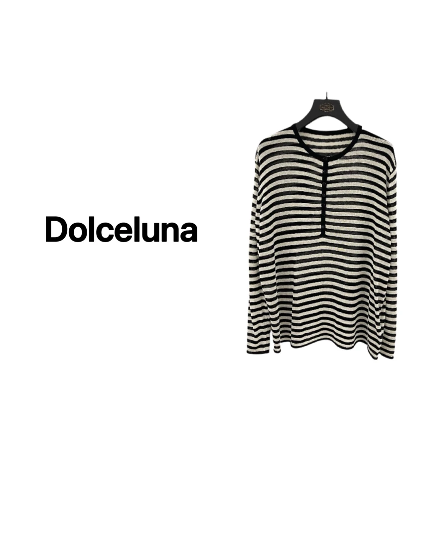 【月姐严选】早春条纹亚麻天丝撞色长袖女士针织衫上衣-16620